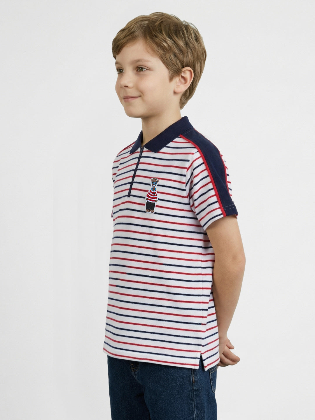 Blue Giraffe Boy Multi Striped Cotton Polo T-Shirt