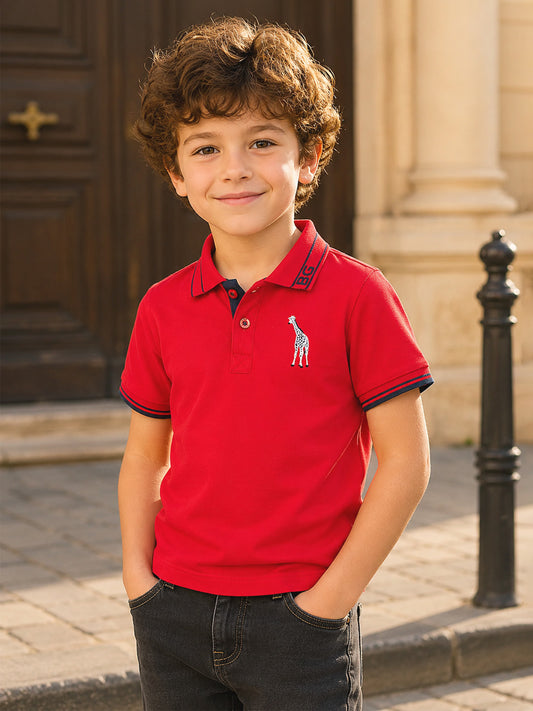 Blue Giraffe Boys Red Solid Regular Fit Polo T-Shirt