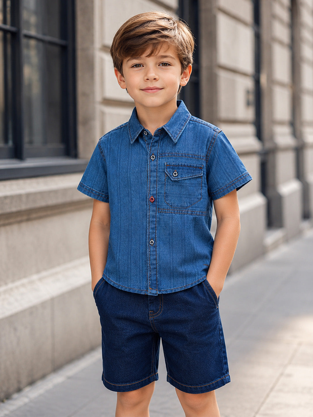Blue Giraffe Boys Blue Embroidered Regular Fit Pure Cotton Shirt