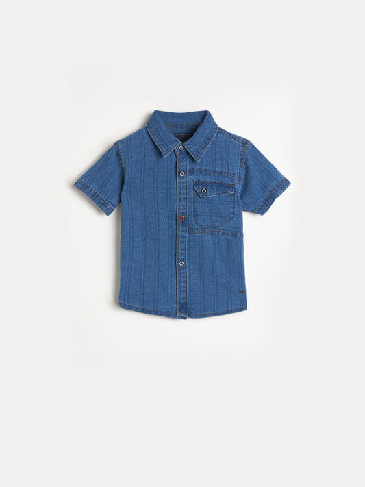 Blue Giraffe Boys Blue Embroidered Regular Fit Pure Cotton Shirt
