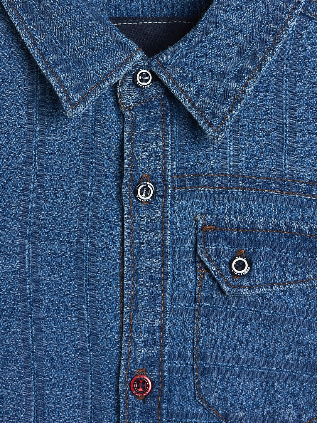 Blue Giraffe Boys Blue Embroidered Regular Fit Pure Cotton Shirt