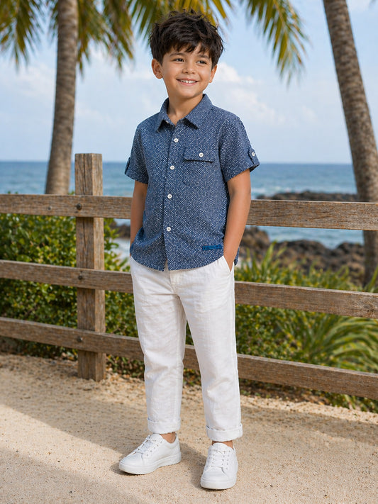 Blue Giraffe Boys Woven Design Blue Shirt