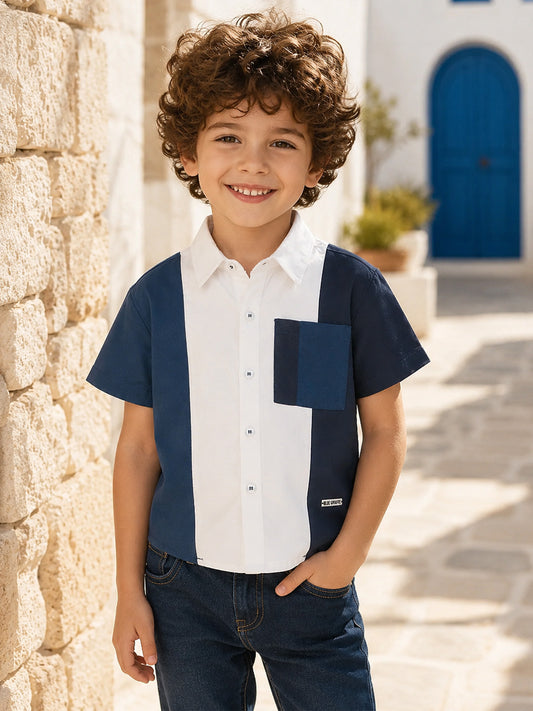 Blue Giraffe Boys Blue Colorblock Regular Fit Pure Cotton Shirt