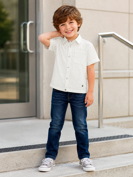 Blue Giraffe Boys White Striped Boxy Fit Shirt