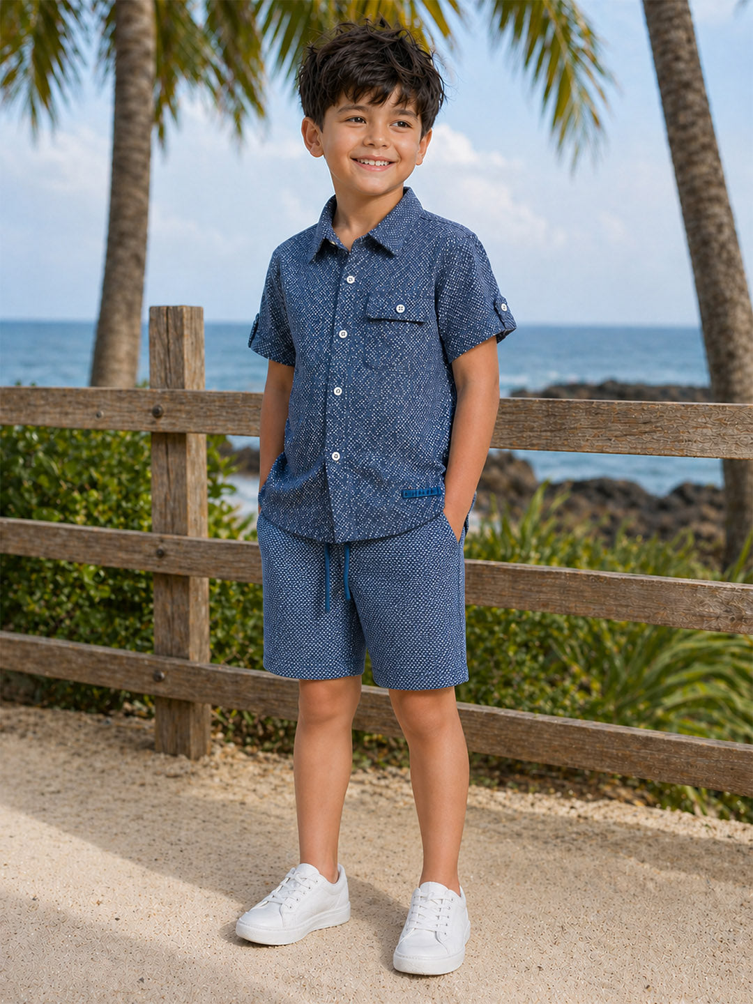 Blue Giraffe Boys Blue Woven Design Regular Fit Shorts