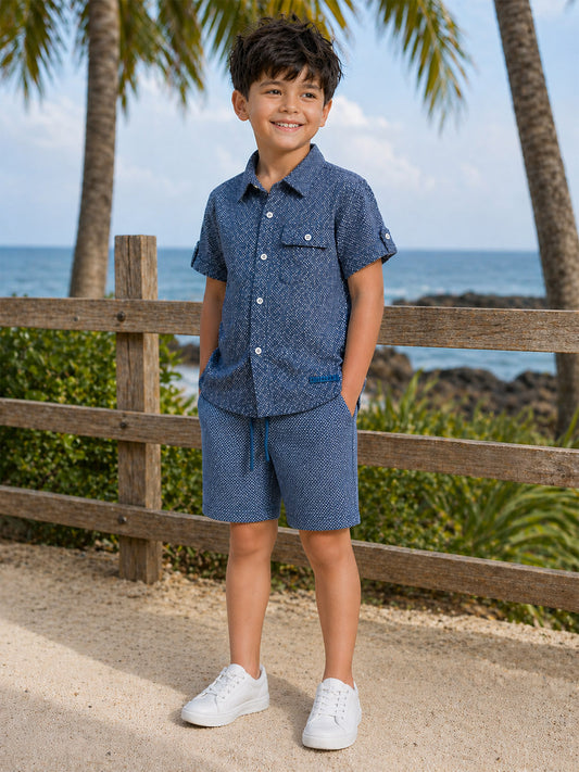 Blue Giraffe Boys Blue Woven Design Regular Fit Shorts