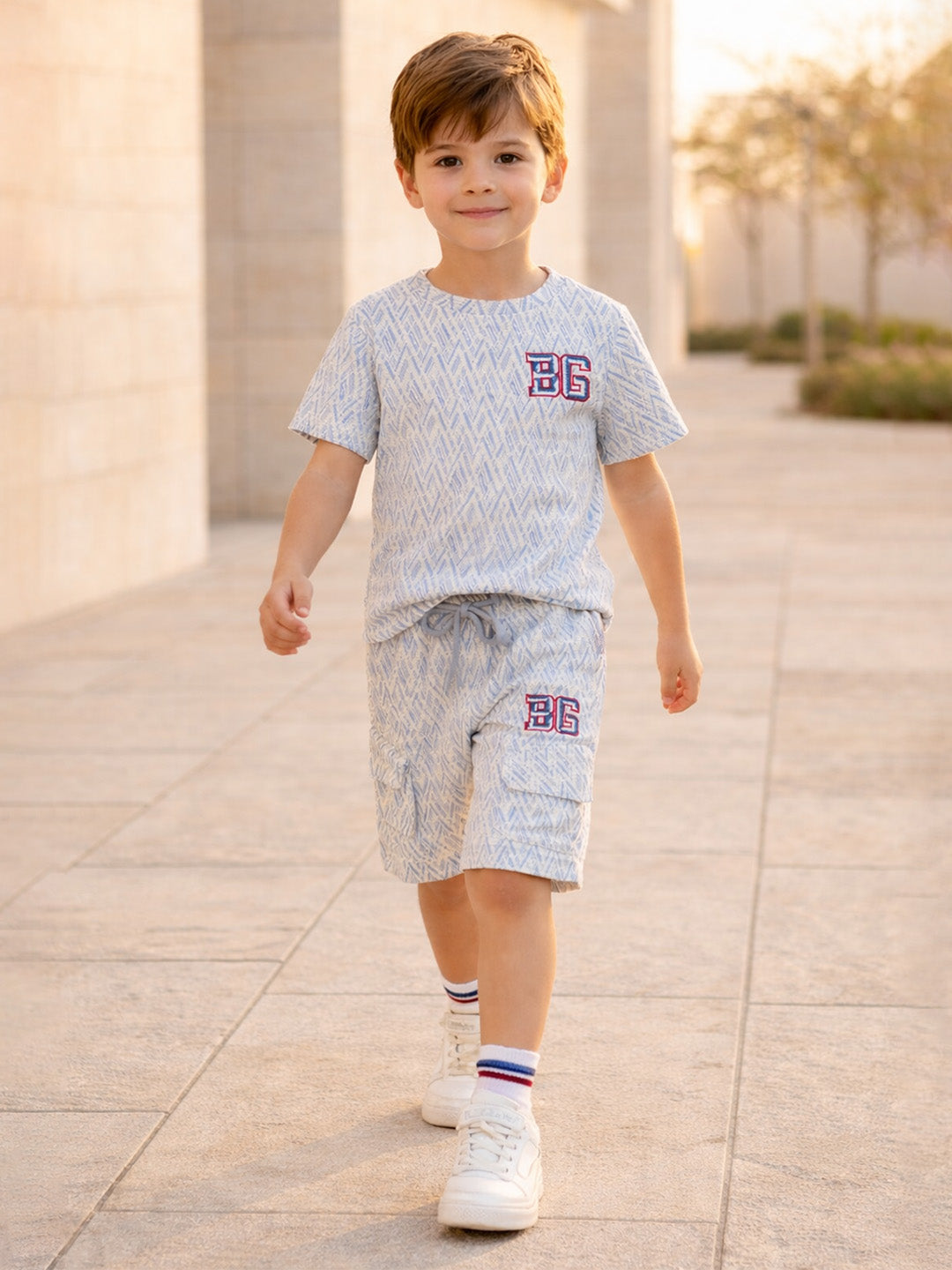 Blue Giraffe Boys Blue Jacquard Regular Fit T-Shirt