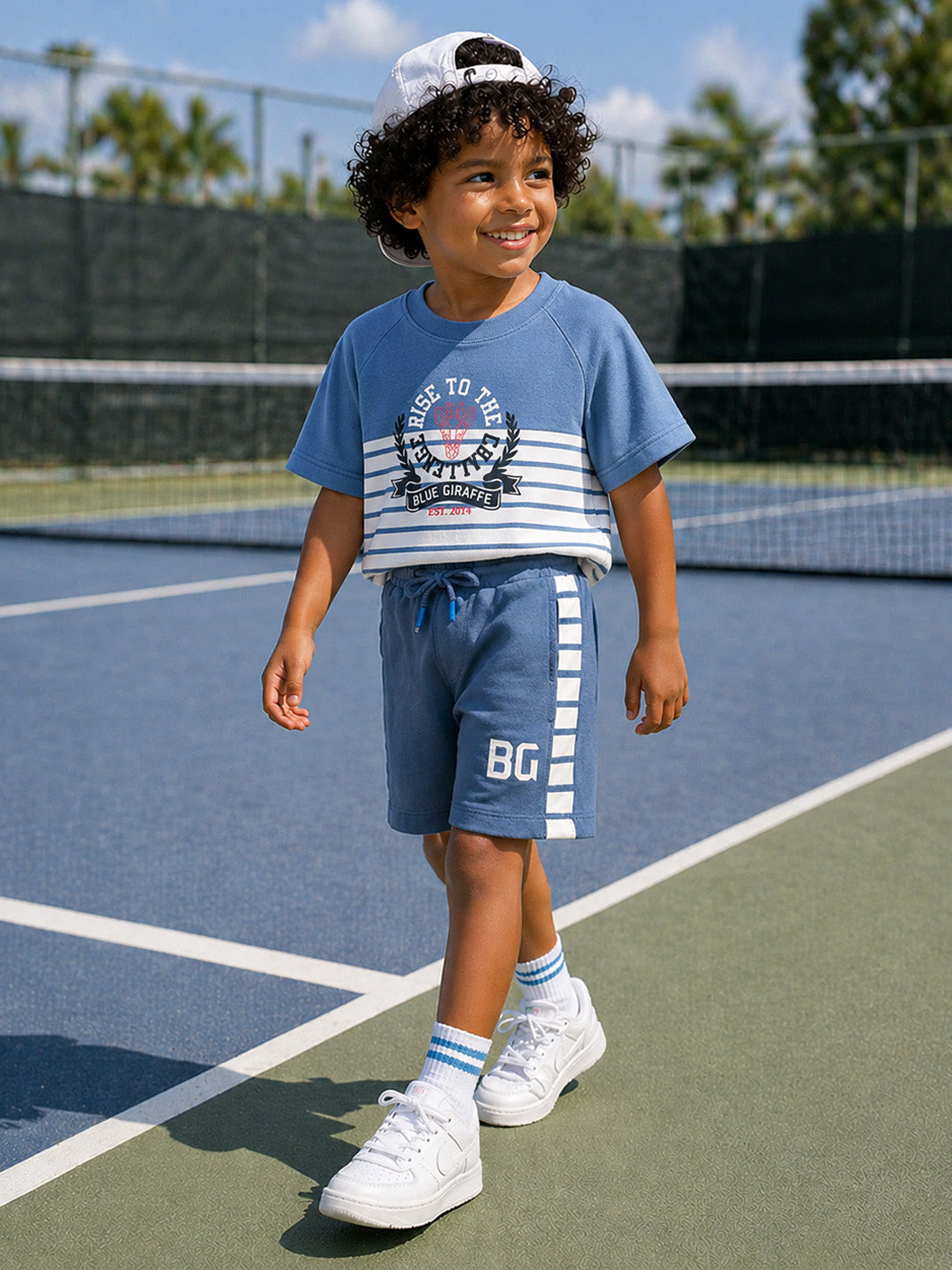 Blue Giraffe Boys Blue Striped Regular Fit Pure Cotton T-Shirt
