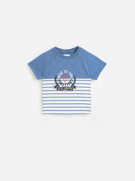 Blue Giraffe Boys Blue Striped Regular Fit Pure Cotton T-Shirt