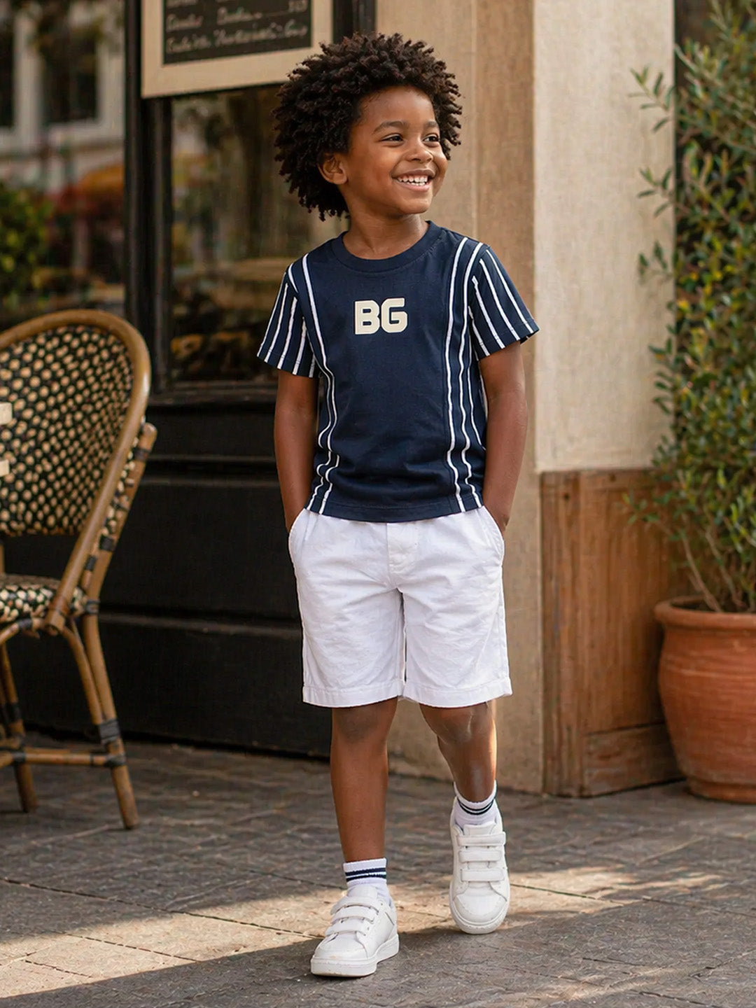 Blue Giraffe Boys Navy Blue Striped Regular Fit T-Shirt