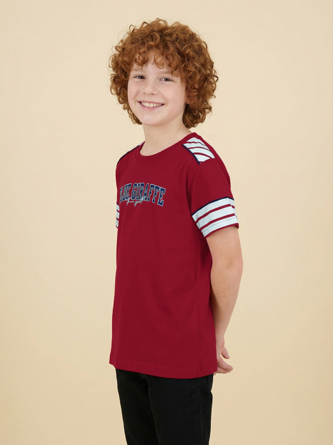 Blue Giraffe Boy Red Striped Cotton T-Shirt