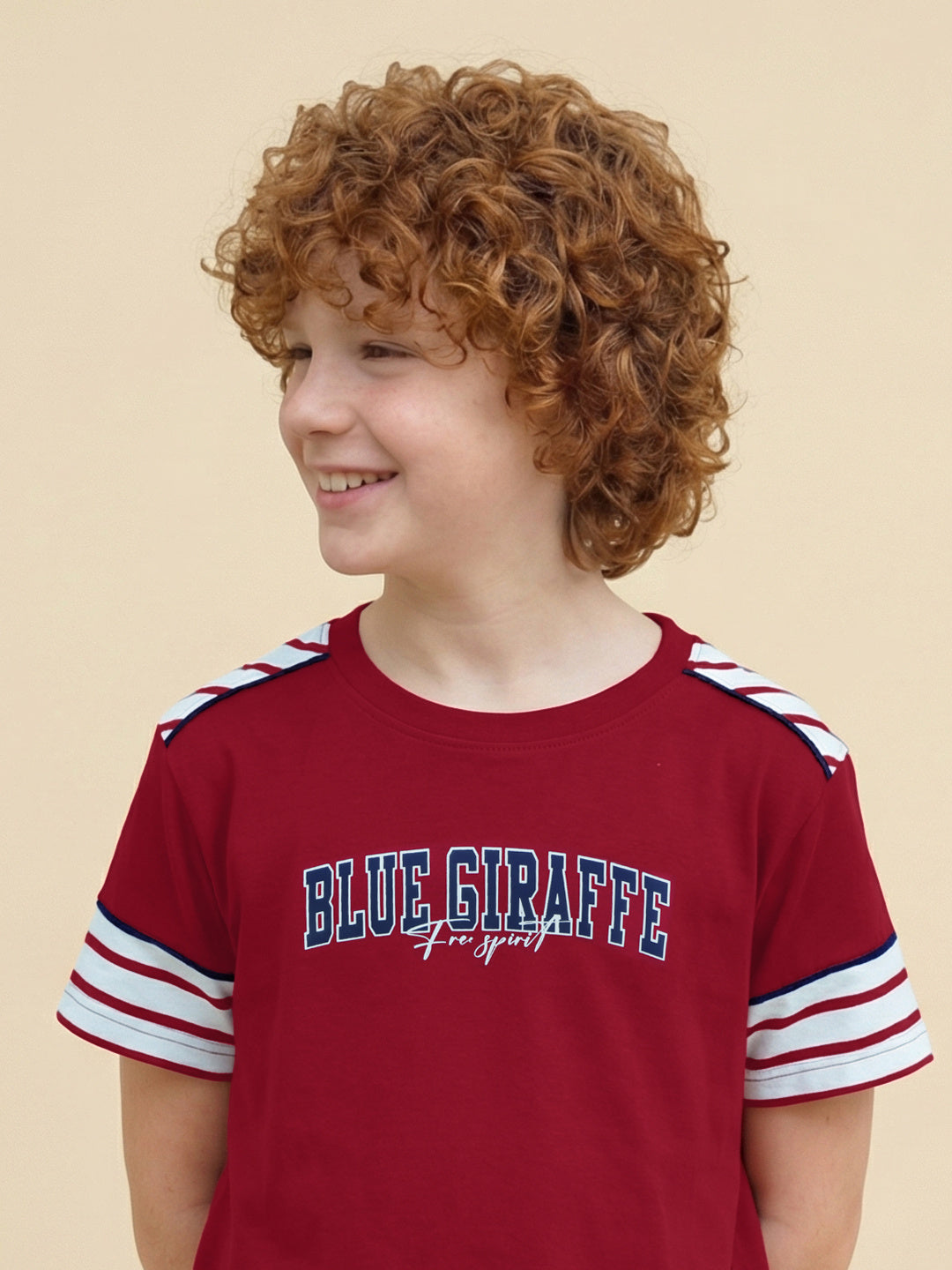 Blue Giraffe Boy Red Striped Cotton T-Shirt