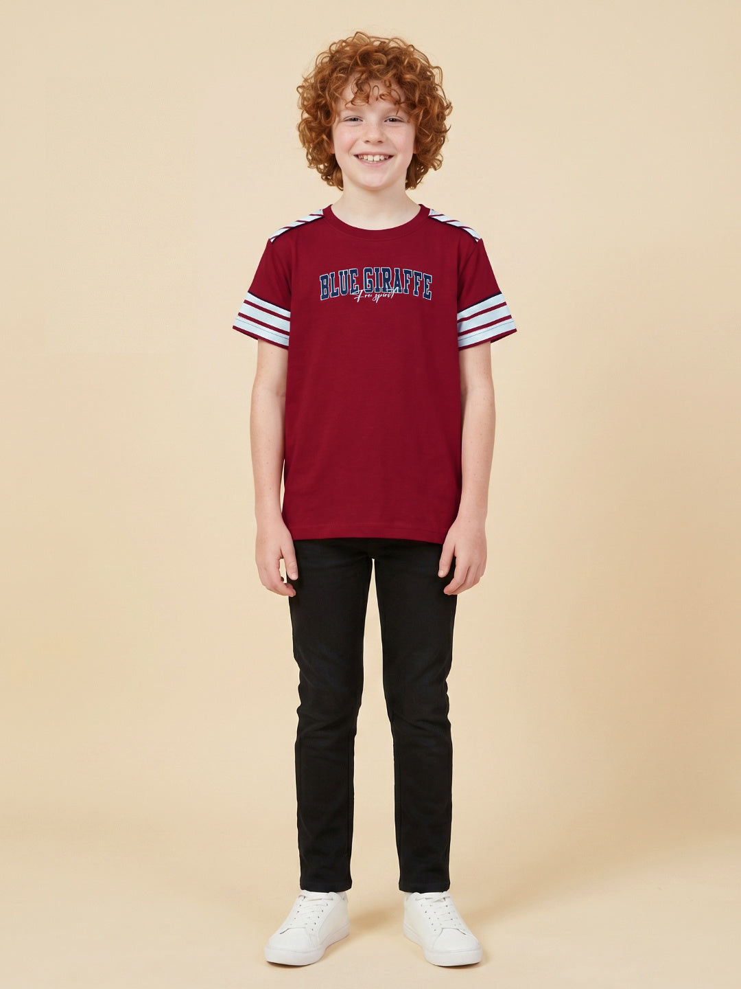 Blue Giraffe Boys Red Striped Regular Fit T-Shirt