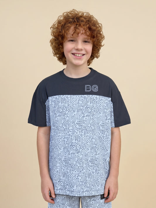 Blue Giraffe Boy White Printed Boxy Fit Cotton T-Shirt