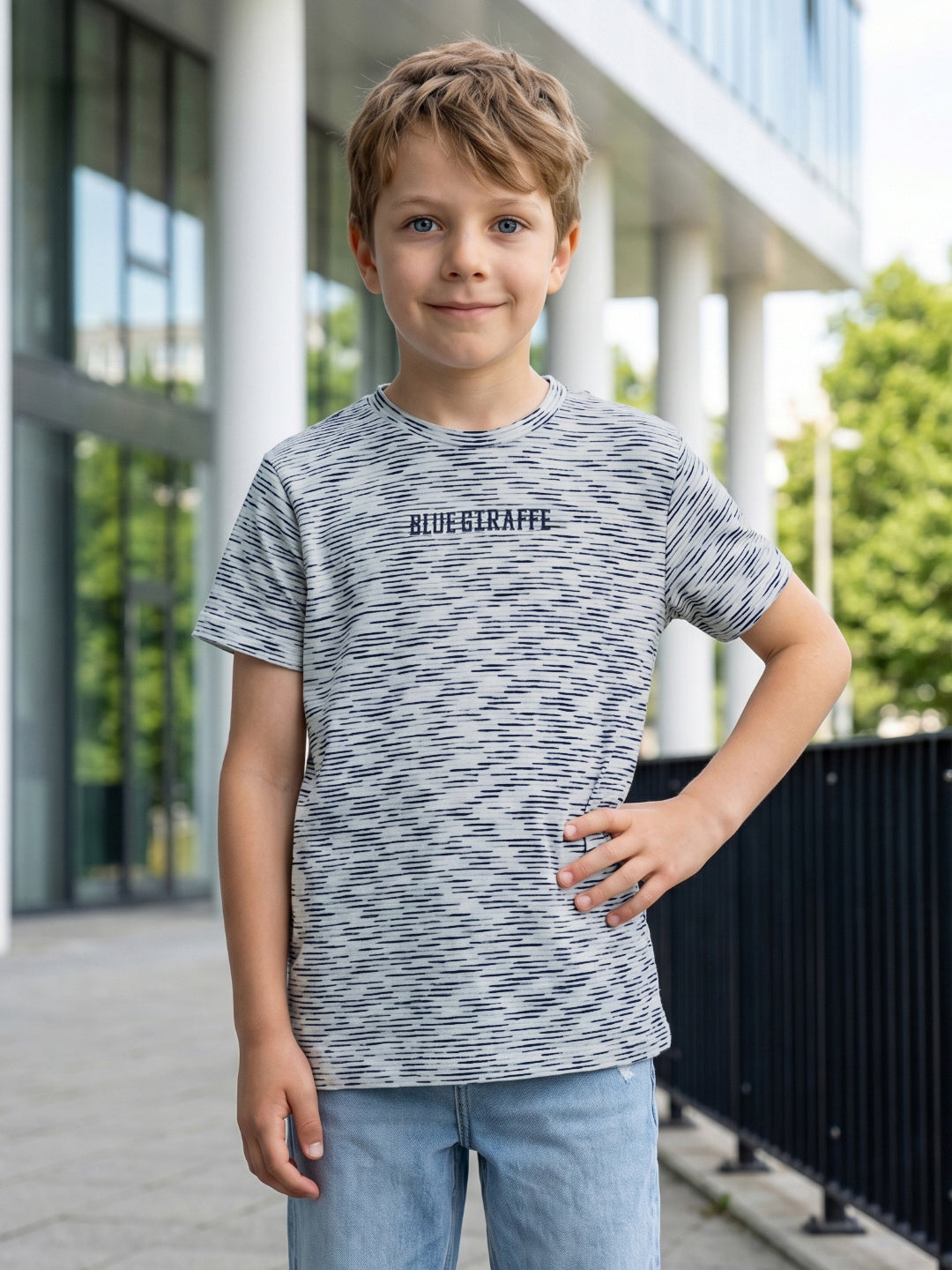 Blue Giraffe Boy White Striped T-Shirt