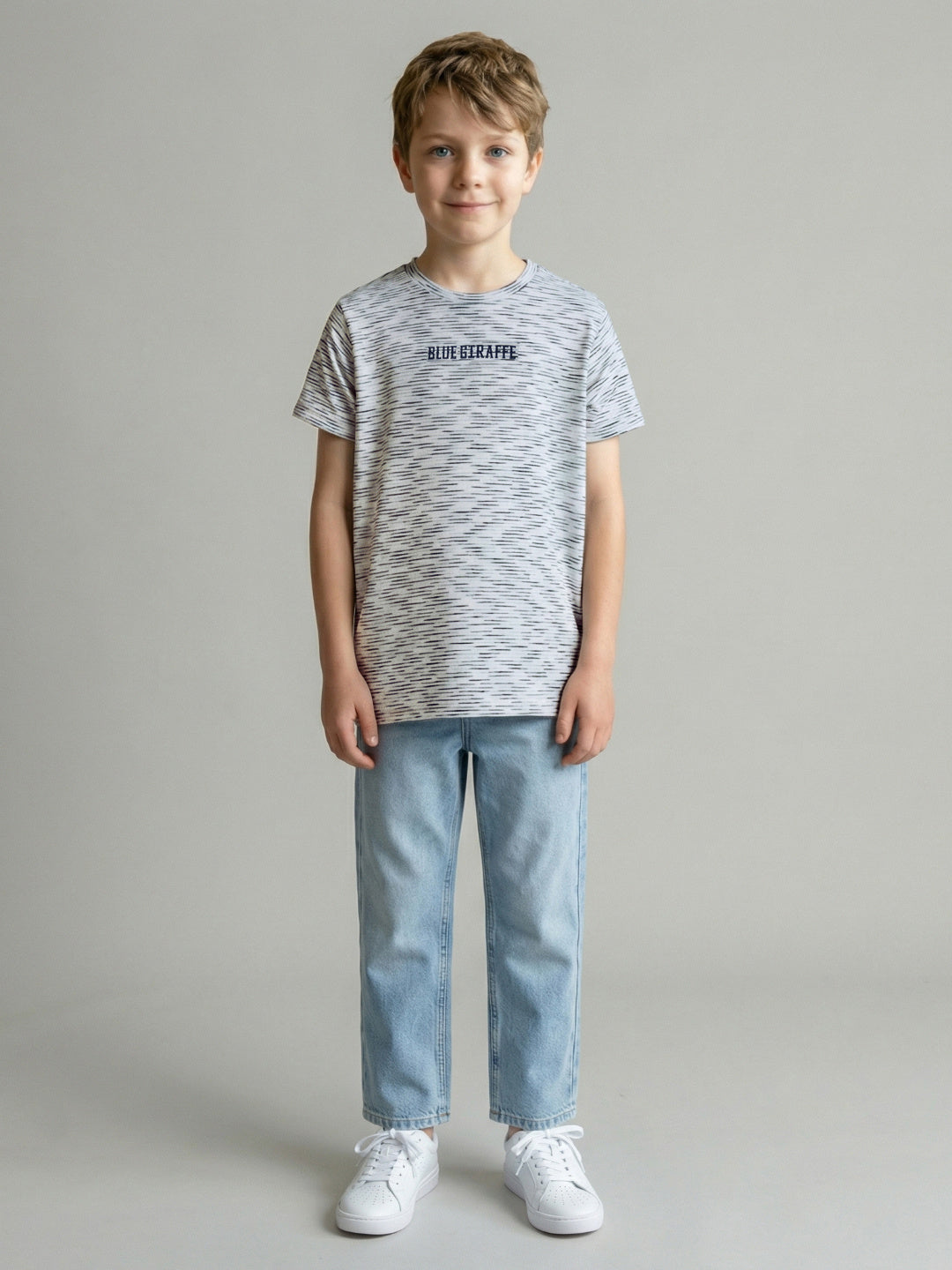 Blue Giraffe Boys White Striped Regular Fit T-Shirt