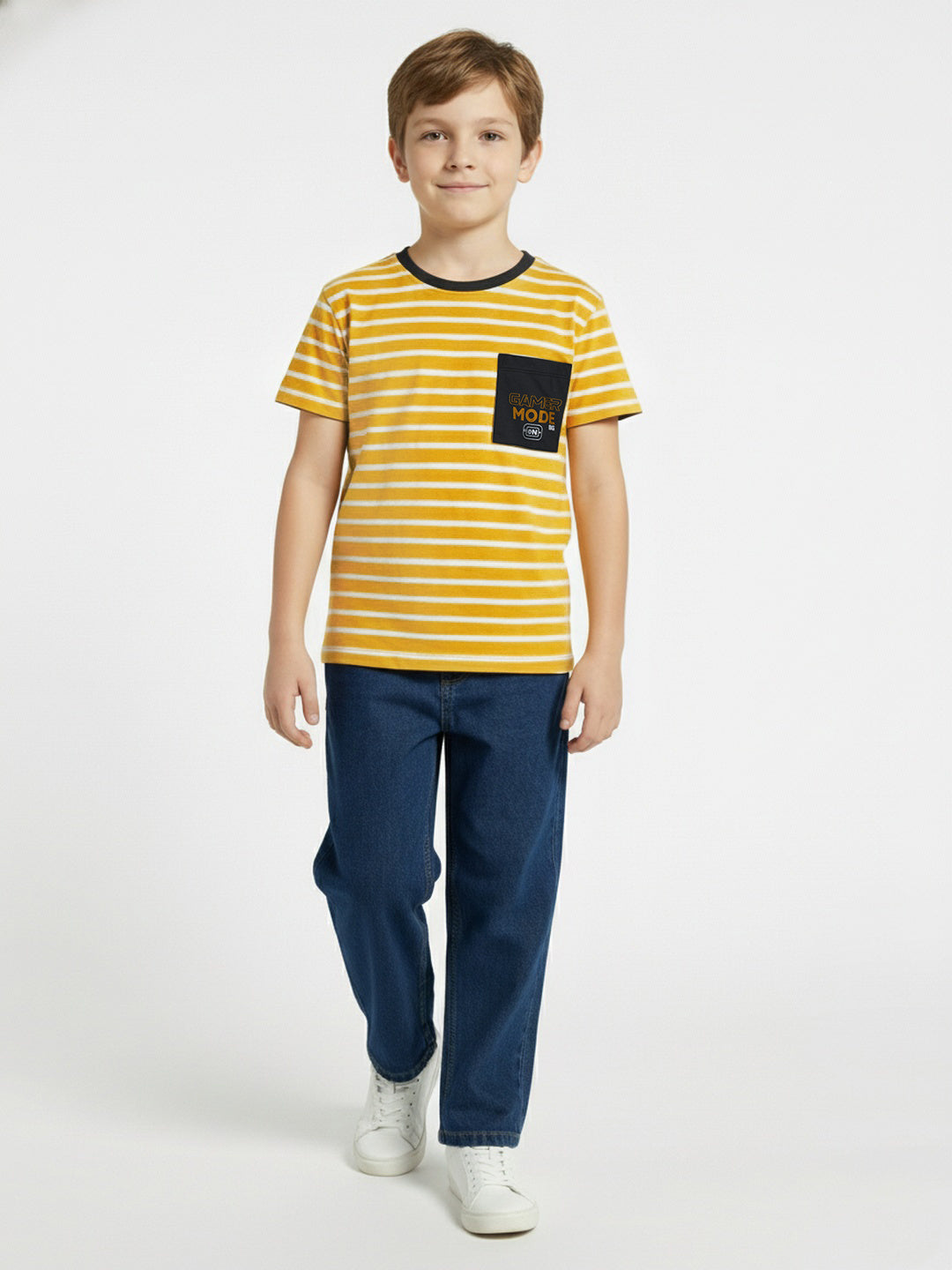 Blue Giraffe Boys Yellow Striped Regular Fit Pure Cotton T-Shirt