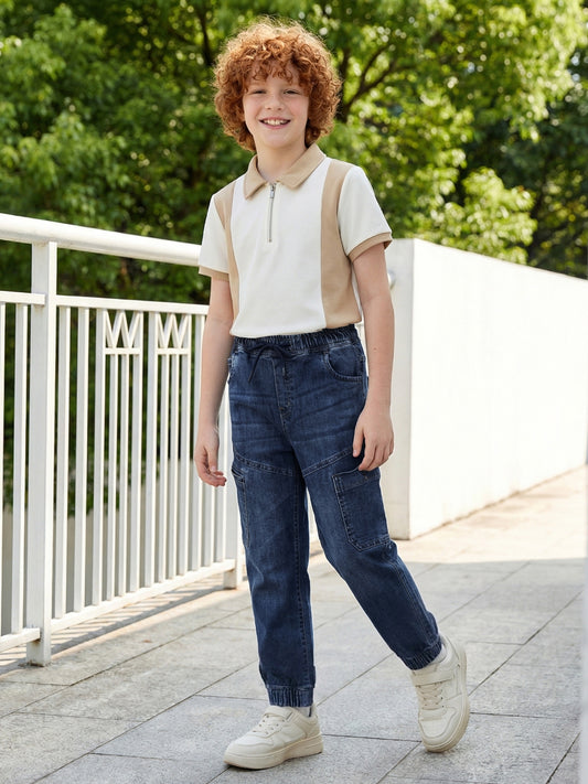 Blue Giraffe Boy Blue Mid Rise Cargo Cotton Jeans