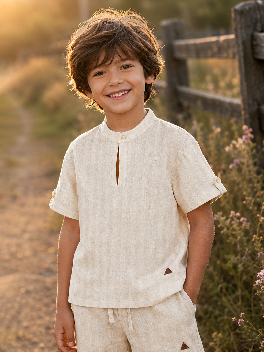 Blue Giraffe Boys Beige Striped Structure Shirt