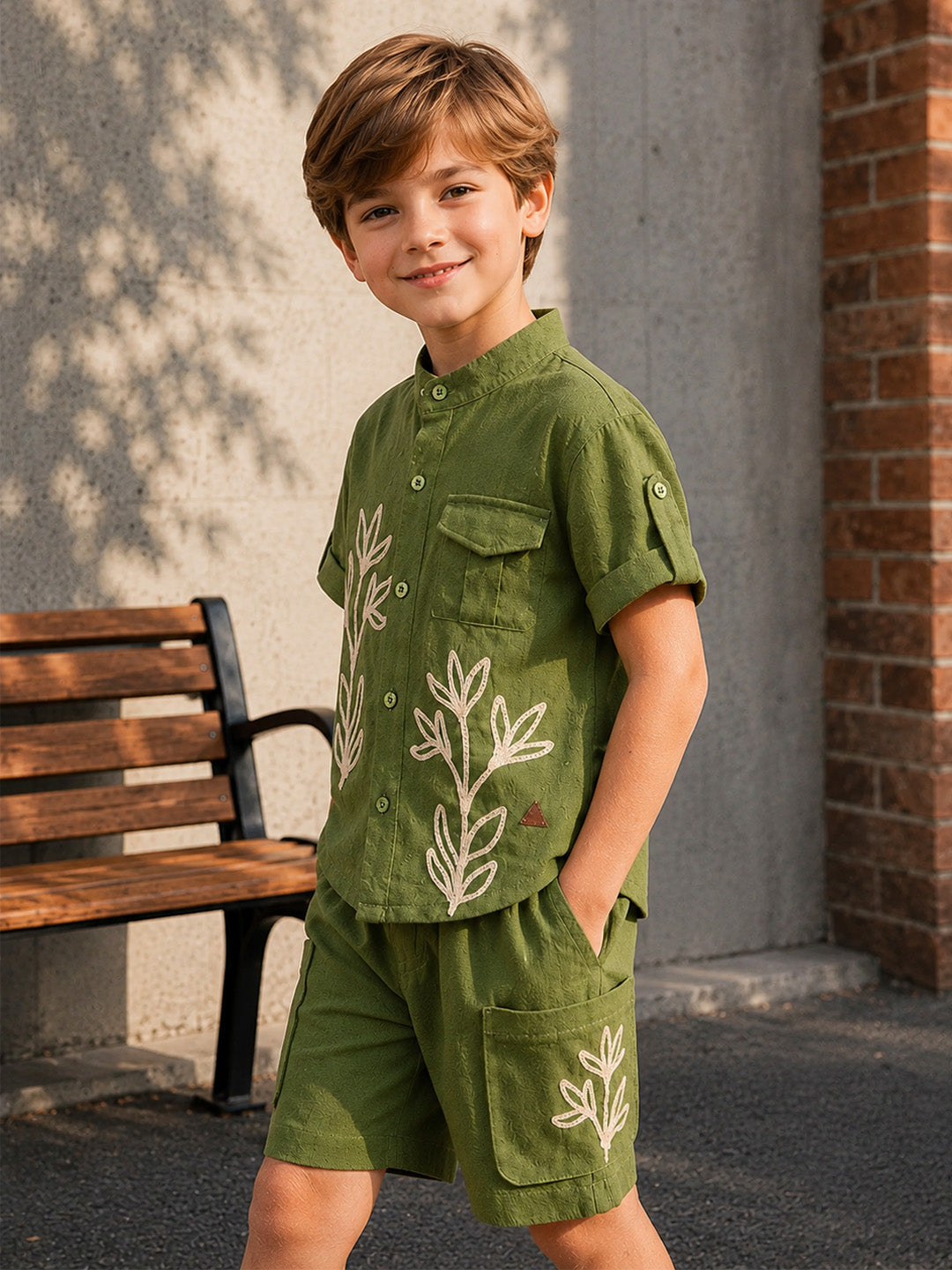 Blue Giraffe Boys Olive Green Floral Shirt
