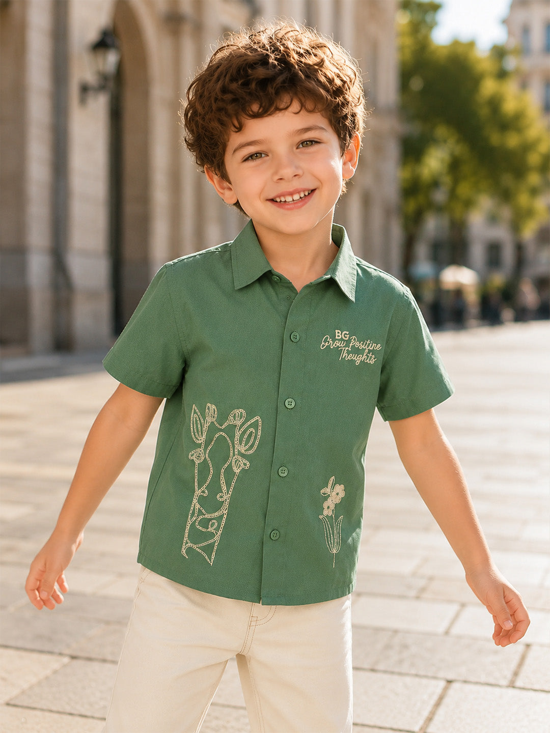 Blue Giraffe Boys Green Woven Design Shirt