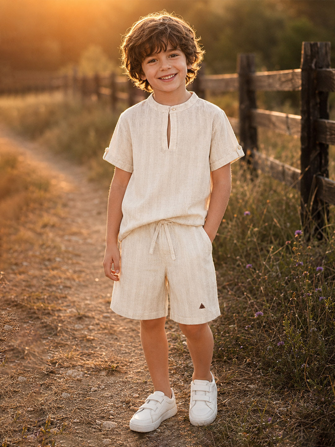 Blue Giraffe Boys Beige Striped Regular Fit Pure Cotton Shorts