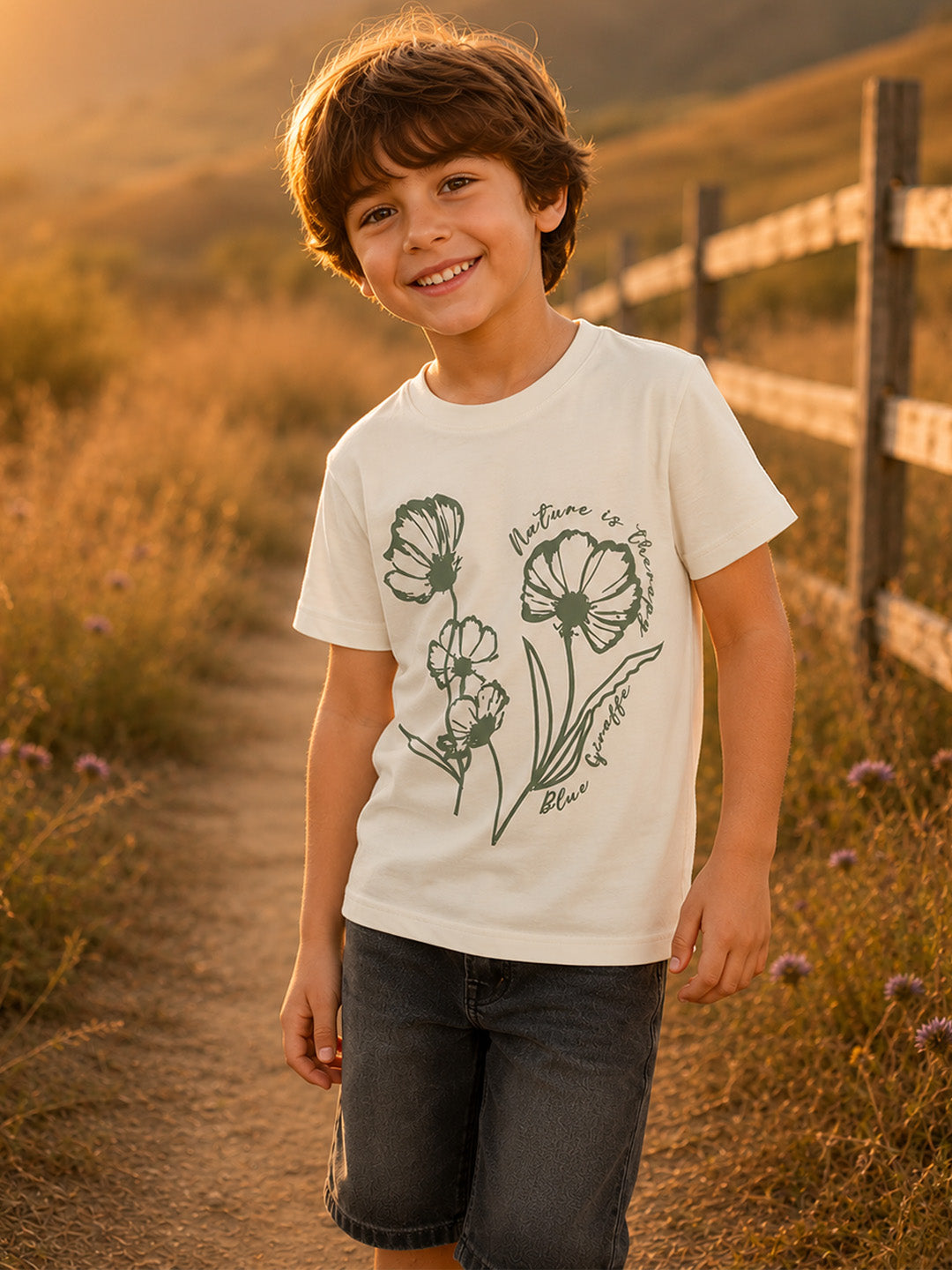 Blue Giraffe Boys Cream Printed Boxy Fit Pure Cotton T-Shirt