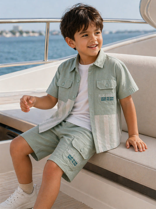 Blue Giraffe Boys Colourblocked Green Shirt