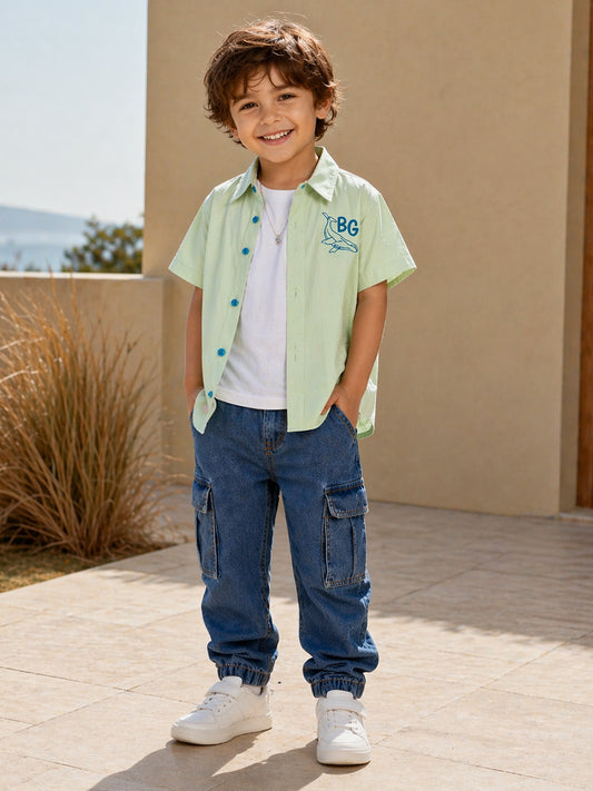 Blue Giraffe Boys Printed Green Shirt