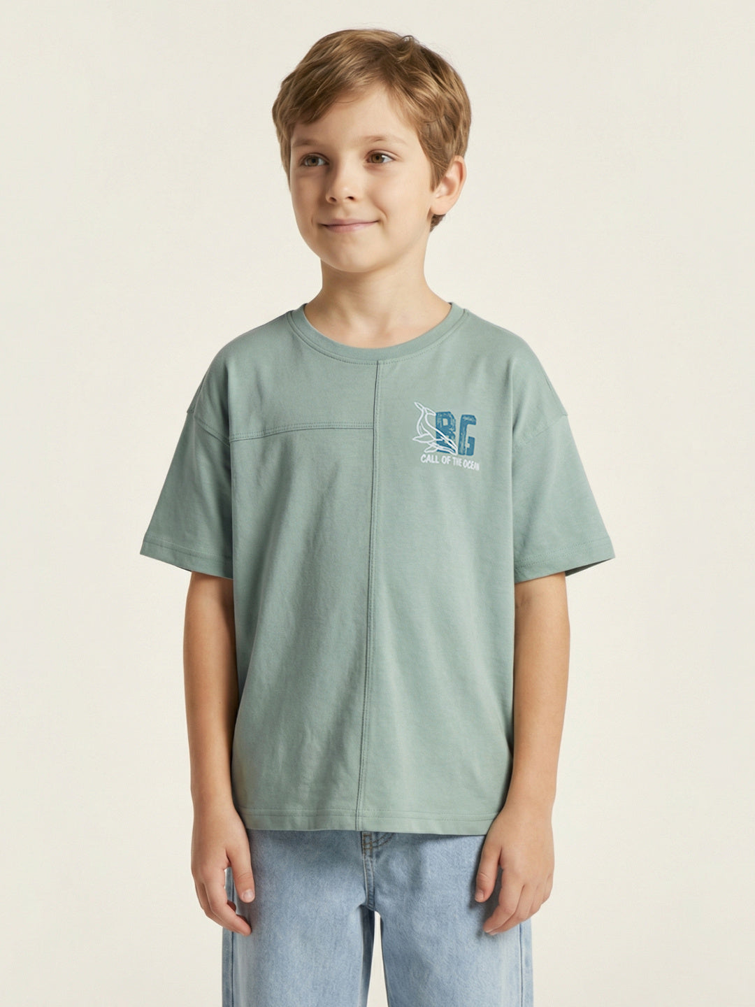Blue Giraffe Boy Green Cotton T-Shirt