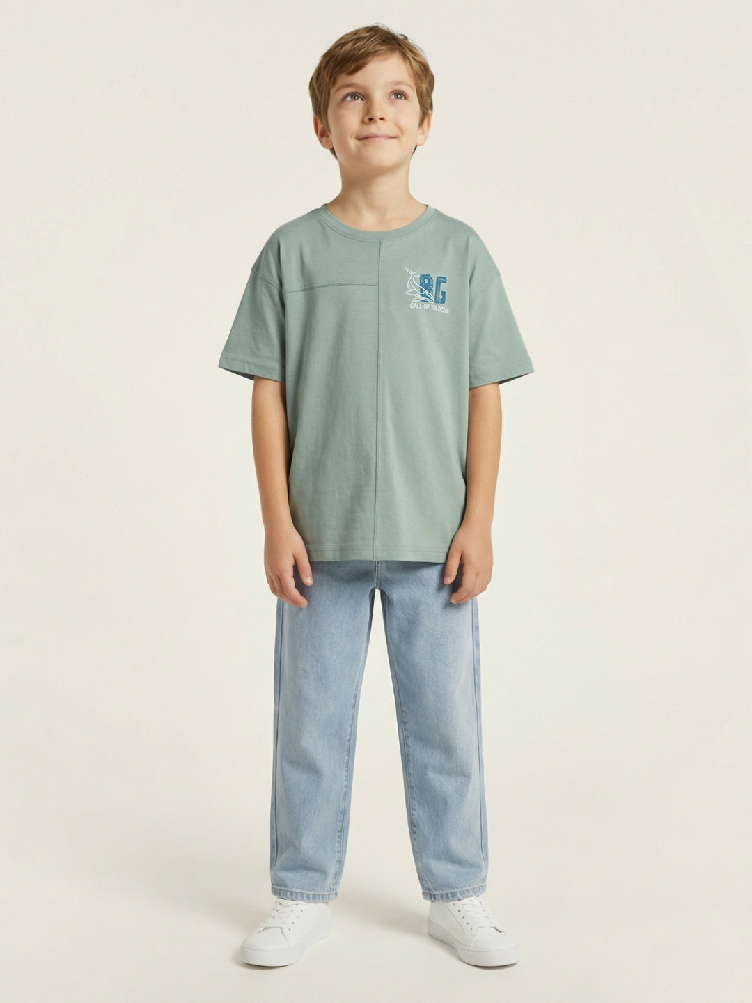 Blue Giraffe Boys Green Solid Regular Fit Pure Cotton T-Shirt