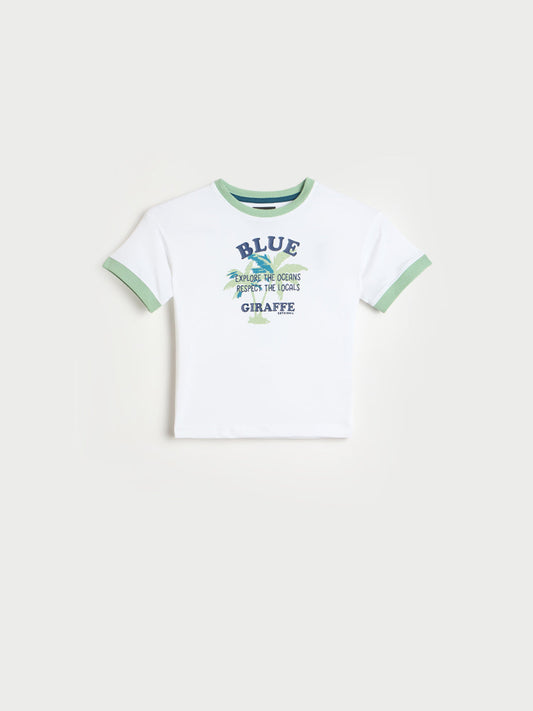 Blue Giraffe Boys White Printed Round Neck T-Shirt