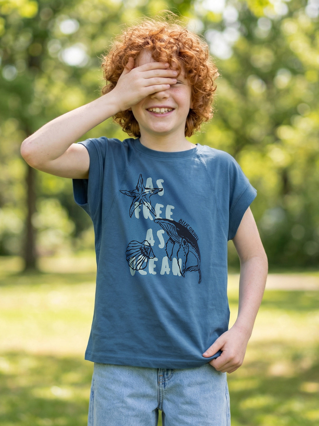 Blue Giraffe Boy Teal Printed Cotton T-Shirt