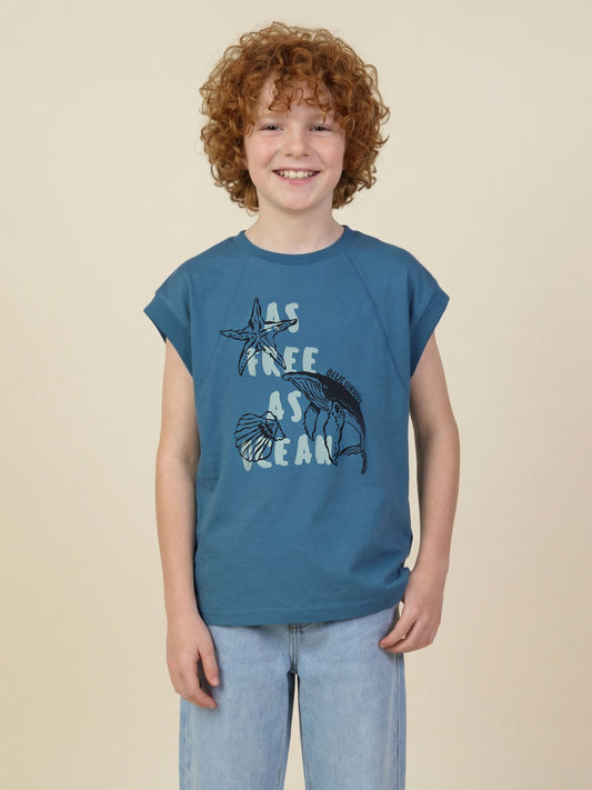 Blue Giraffe Boy Teal Printed Cotton T-Shirt