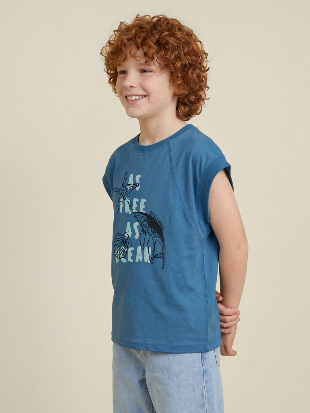 Blue Giraffe Boy Teal Printed Cotton T-Shirt