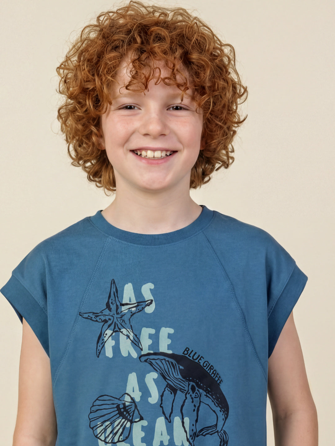 Blue Giraffe Boy Teal Printed Cotton T-Shirt