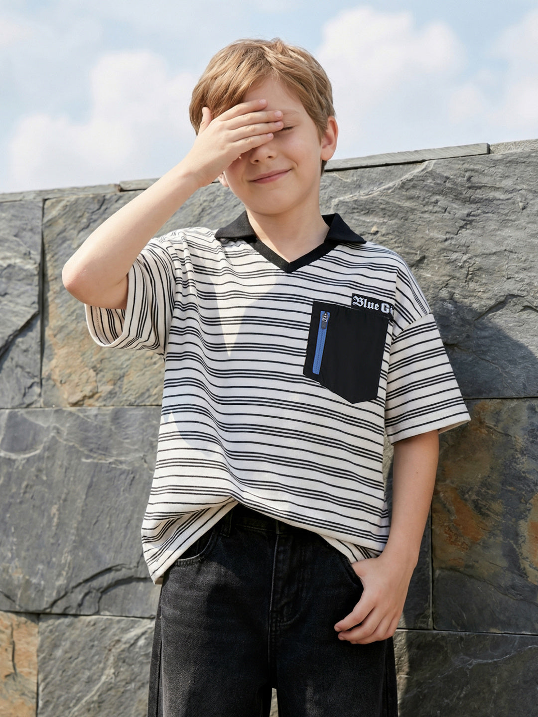 Blue Giraffe Boys Black Striped Boxy Fit Pure Cotton Polo T-Shirt