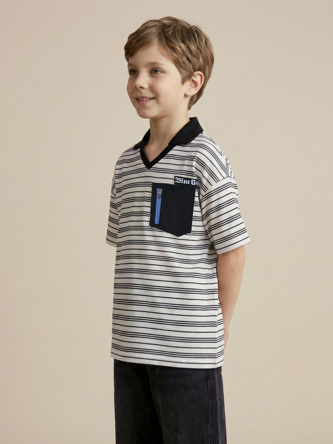 Blue Giraffe Boys Black Striped Boxy Fit Pure Cotton Polo T-Shirt