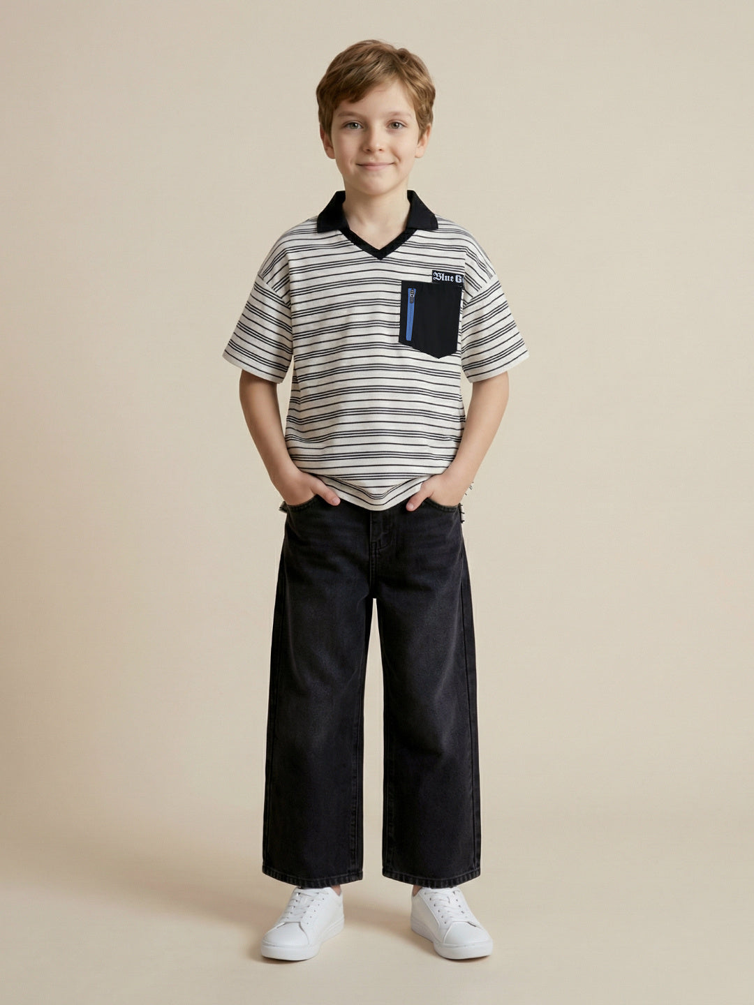 Blue Giraffe Boys Black Striped Boxy Fit Pure Cotton Polo T-Shirt