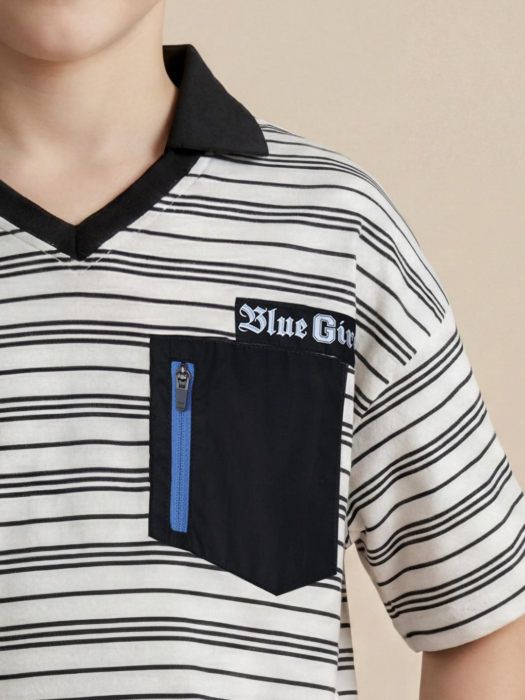 Blue Giraffe Boys Black Striped Boxy Fit Pure Cotton Polo T-Shirt