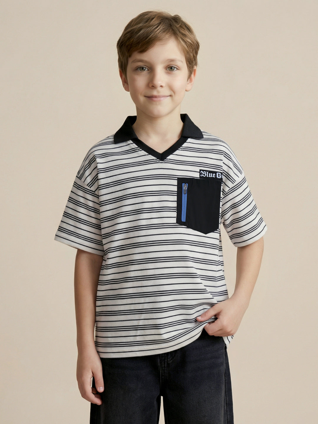 Blue Giraffe Boys Black Striped Boxy Fit Pure Cotton Polo T-Shirt