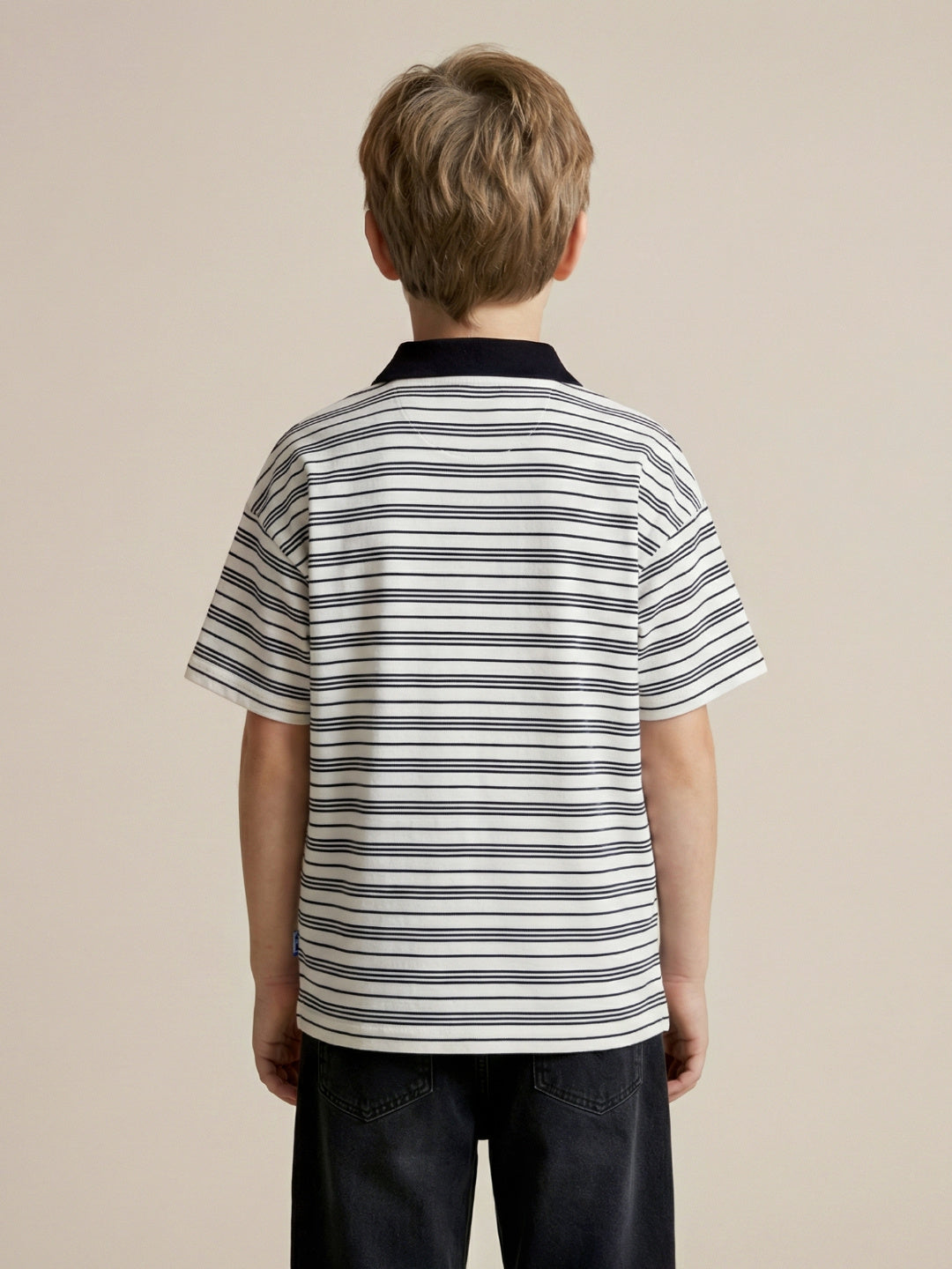 Blue Giraffe Boys Black Striped Boxy Fit Pure Cotton Polo T-Shirt