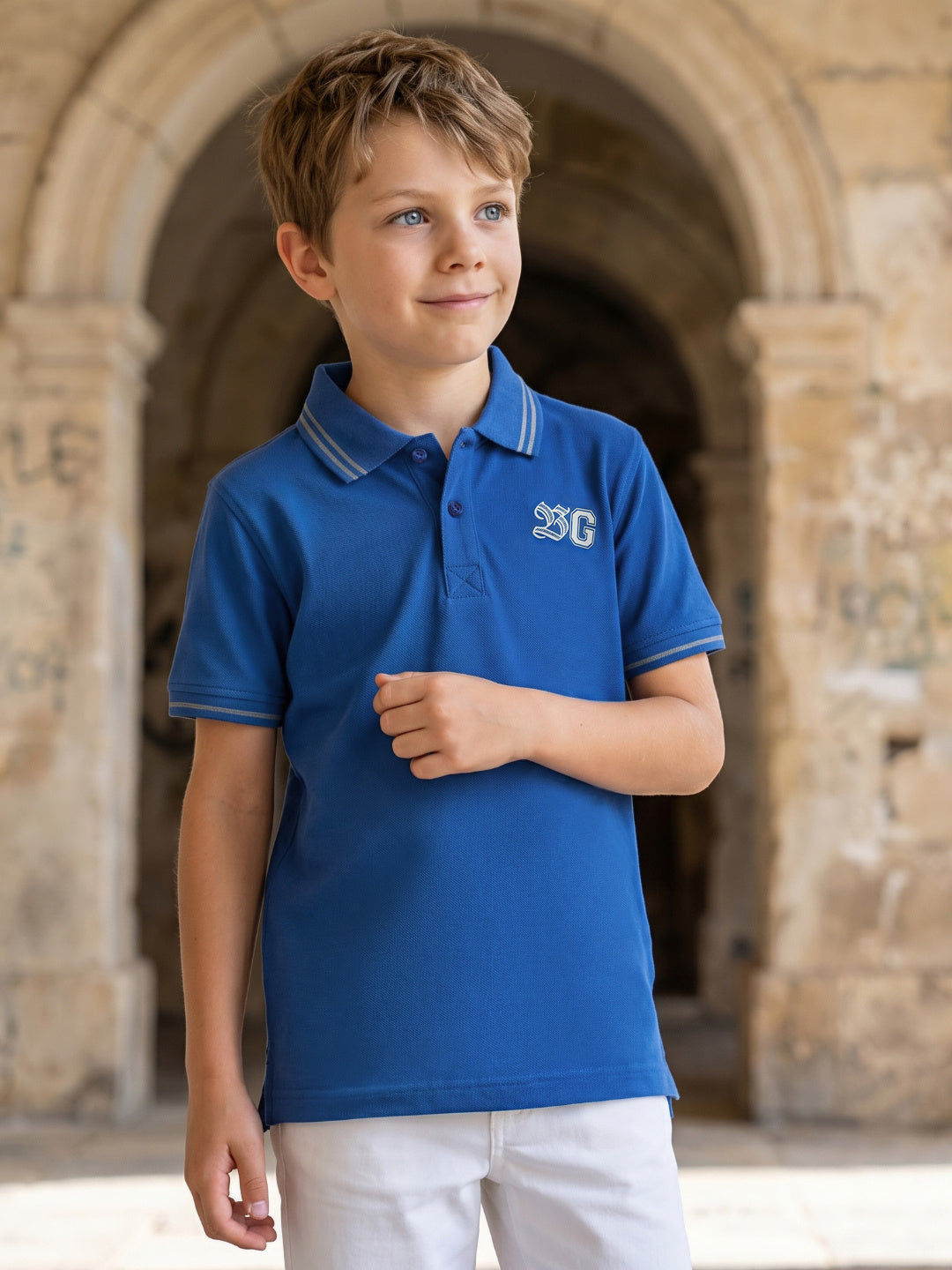 Blue Giraffe Boys Blue Solid Regular Fit Pure Cotton Polo T-Shirt