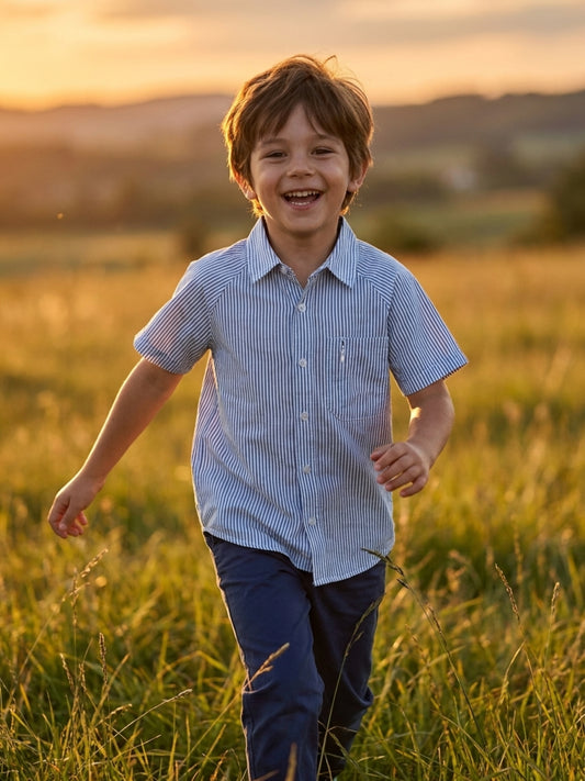 Blue Giraffe Boys White Striped Shirt
