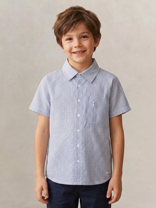 Blue Giraffe Boys White Striped Shirt