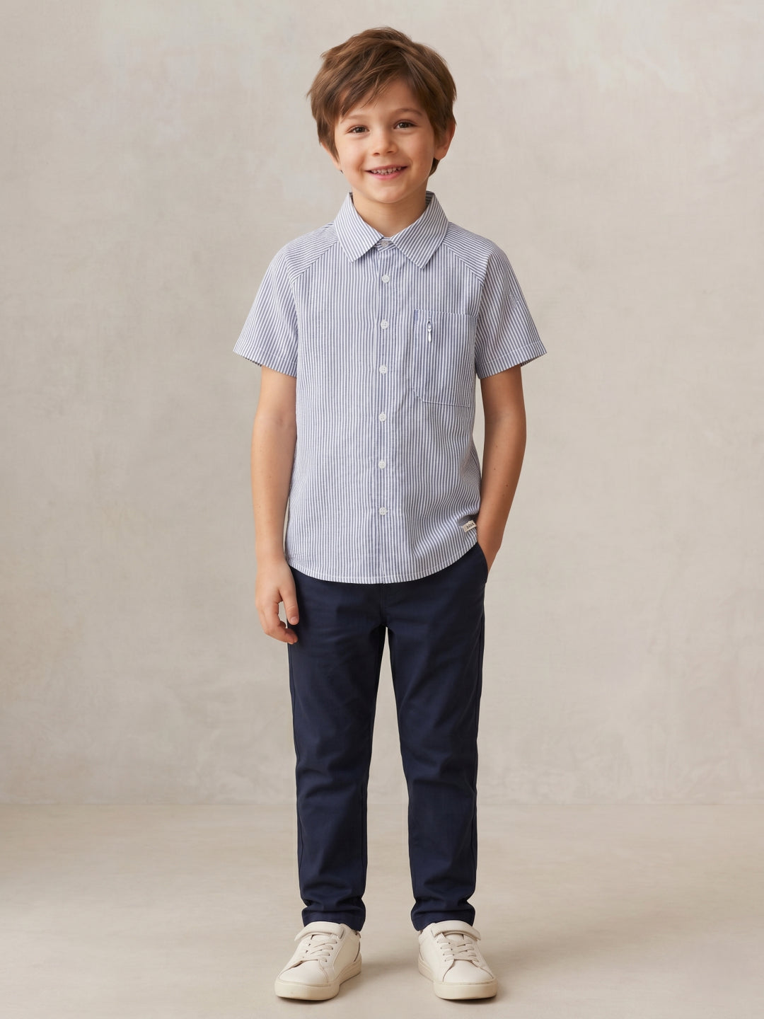 Blue Giraffe Boys White Striped Shirt