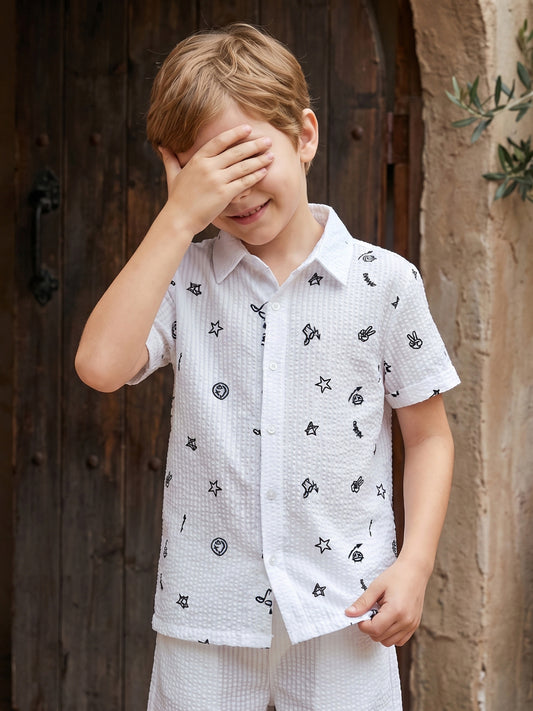 Blue Giraffe Boys White Embroidered Pure Cotton Shirt