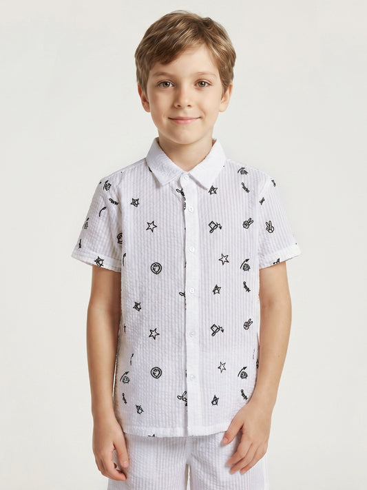 Blue Giraffe Boys White Embroidered Pure Cotton Shirt
