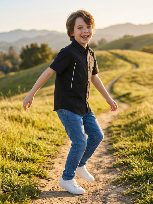 Blue Giraffe Boys Black Solid Pure Cotton Shirt