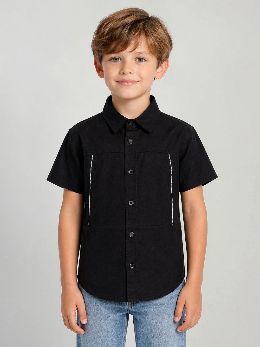 Blue Giraffe Boys Black Solid Boxy Fit Pure Cotton Shirt
